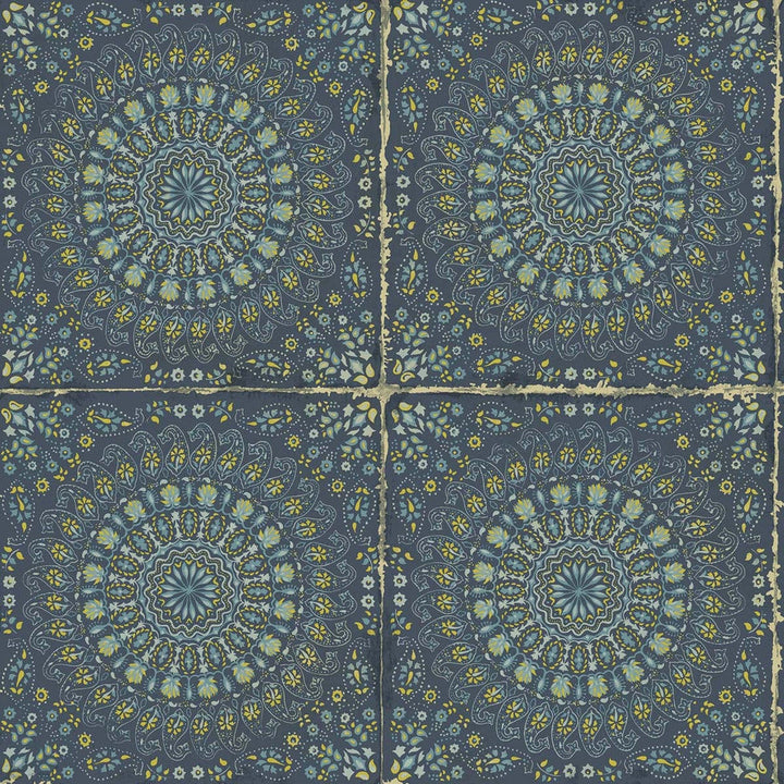 Mandala Boho Tile Navy Blue and Dandelion RY30712 by Seabrook Designs Designer Wallpaper