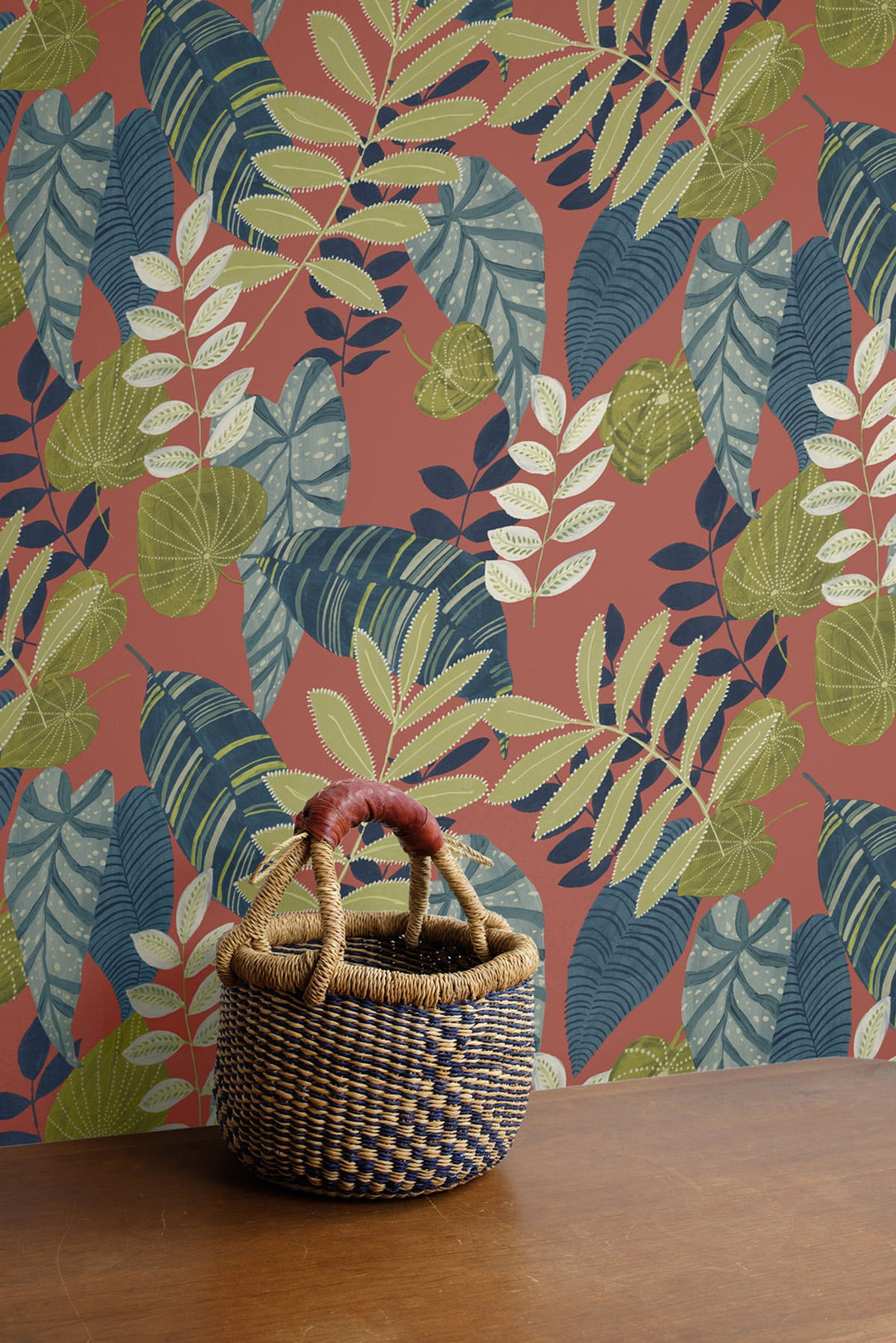 Tropicana Leaves Redwood, Olive, and Washed Denim RY30906 by Seabrook Designs Designer Wallpaper