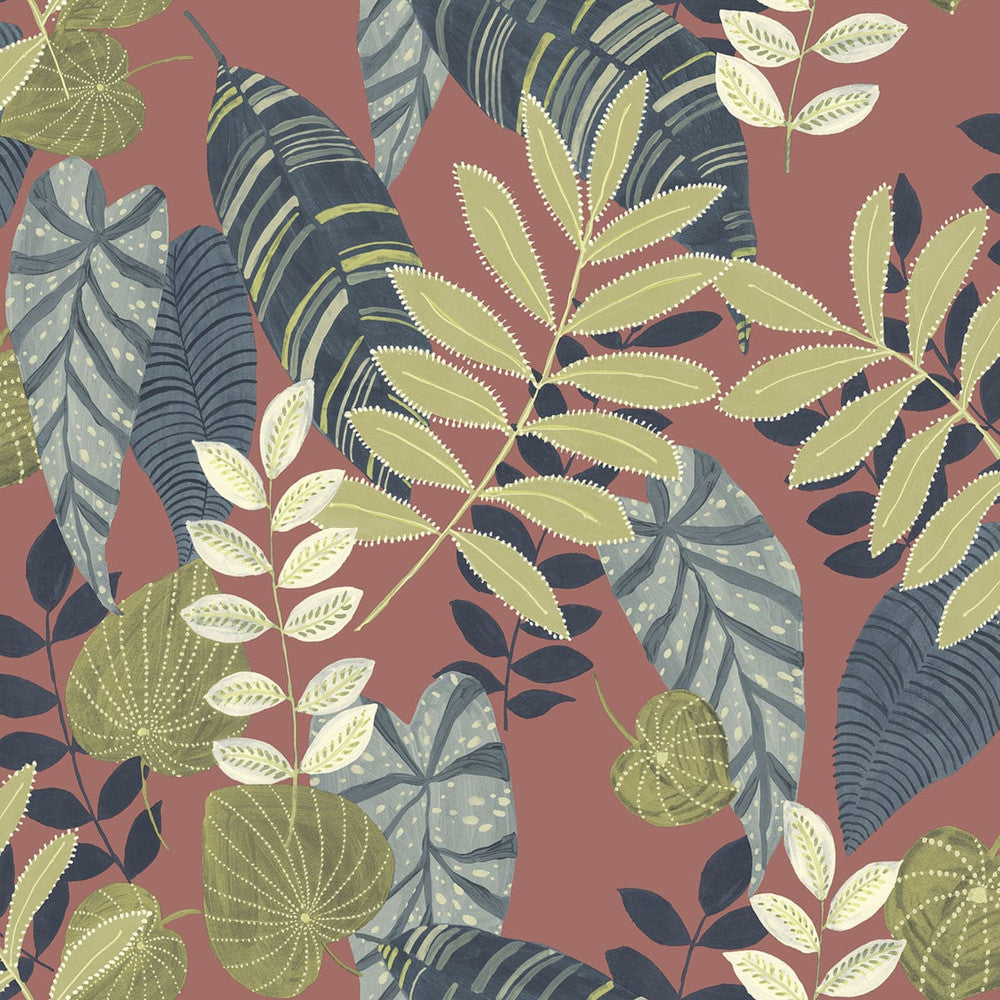 Tropicana Leaves Redwood, Olive, and Washed Denim RY30906 by Seabrook Designs Designer Wallpaper