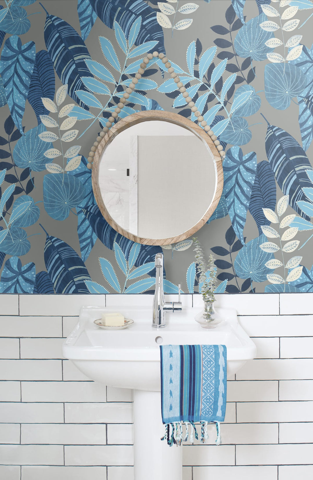 Tropicana Leaves Metallic Gray, Sky Blue, and Champlain RY30912 by Seabrook Designs Designer Wallpaper