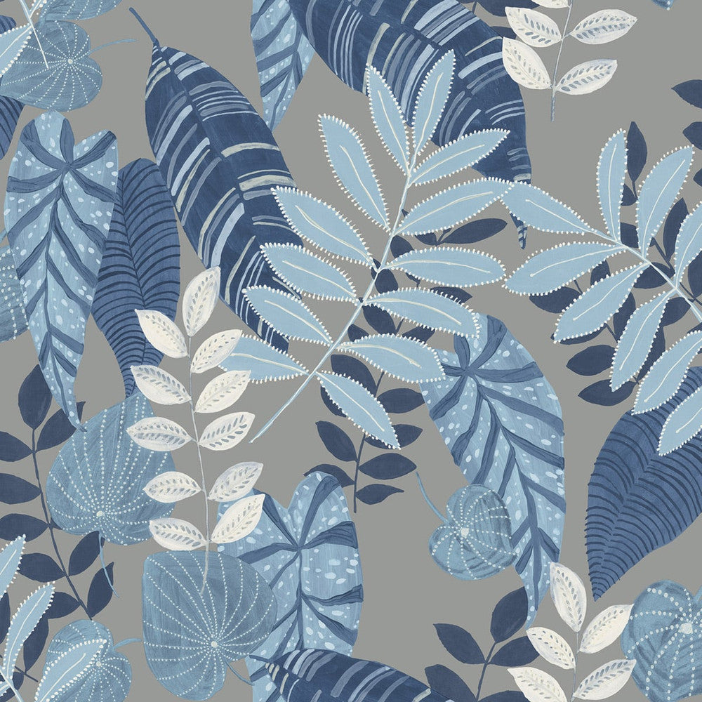 Tropicana Leaves Metallic Gray, Sky Blue, and Champlain RY30912 by Seabrook Designs Designer Wallpaper