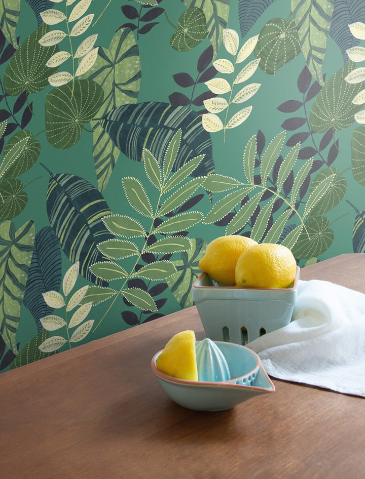 Tropicana Leaves Jade, Rosemary, and Spruce RY30914 by Seabrook Designs Designer Wallpaper