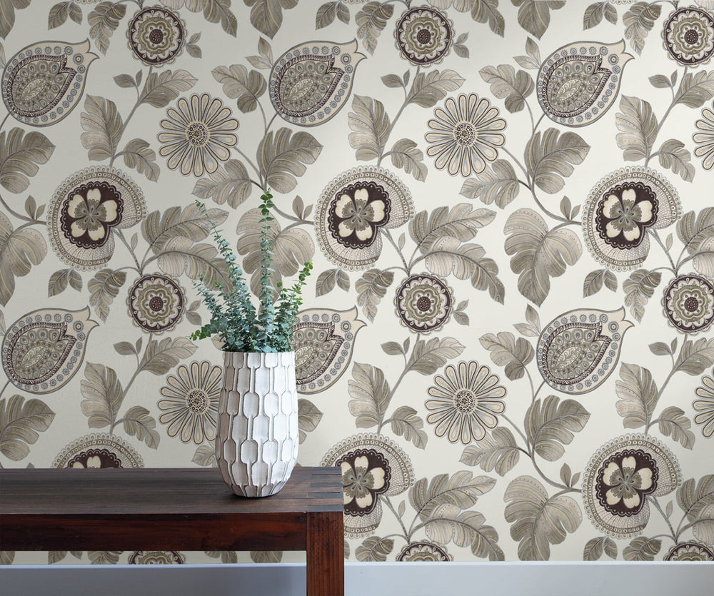 Calypso Paisley Leaf Stone and Latte RY31200 by Seabrook Designs Designer Wallpaper