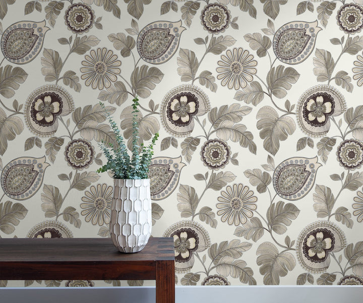 Calypso Paisley Leaf Stone and Latte RY31200 by Seabrook Designs Designer Wallpaper
