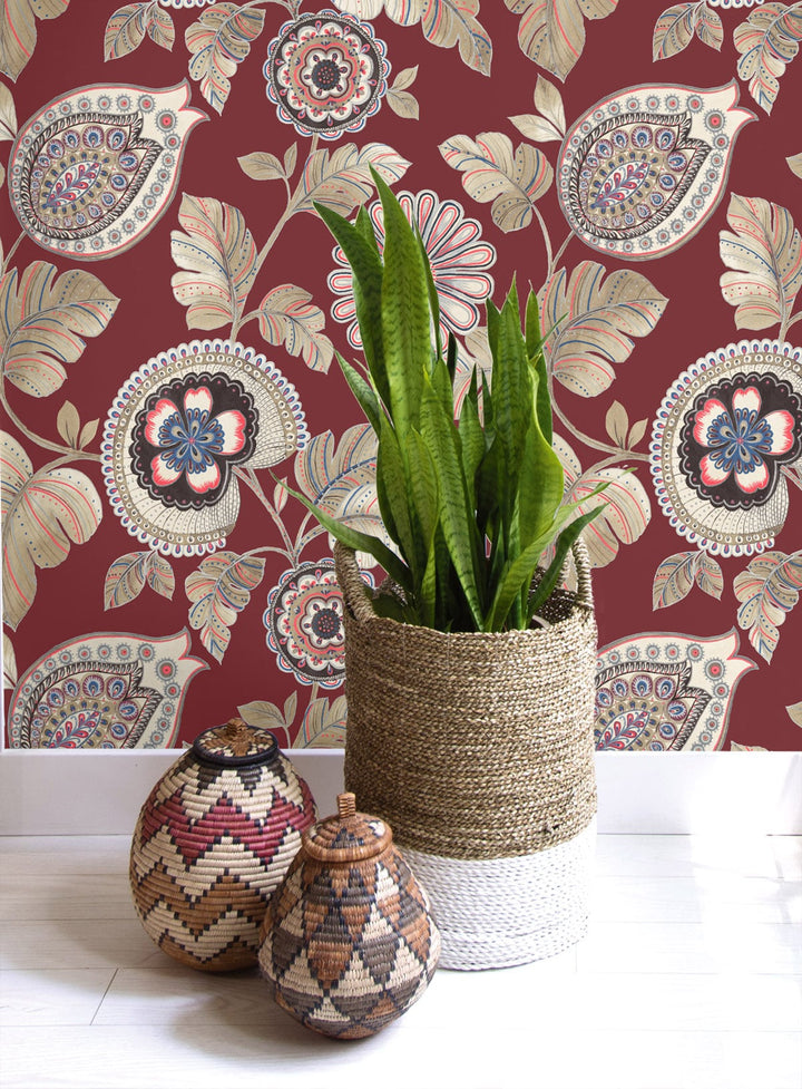 Calypso Paisley Leaf Cabernet and Coral RY31201 by Seabrook Designs Designer Wallpaper