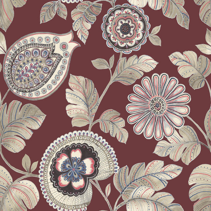 Calypso Paisley Leaf Cabernet and Coral RY31201 by Seabrook Designs Designer Wallpaper