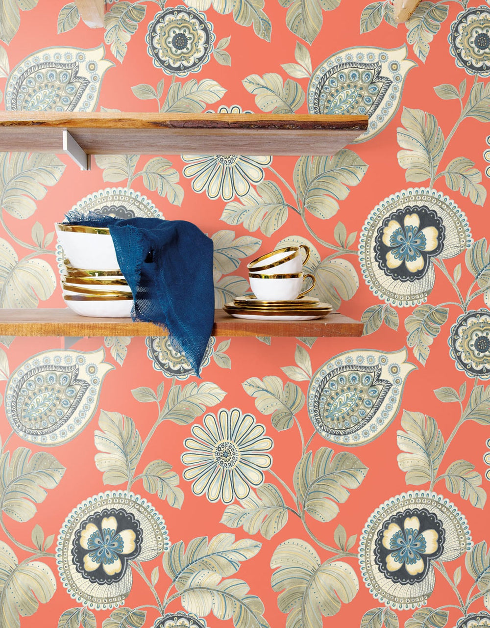 Calypso Paisley Leaf Coral and Aloe RY31206 by Seabrook Designs Designer Wallpaper