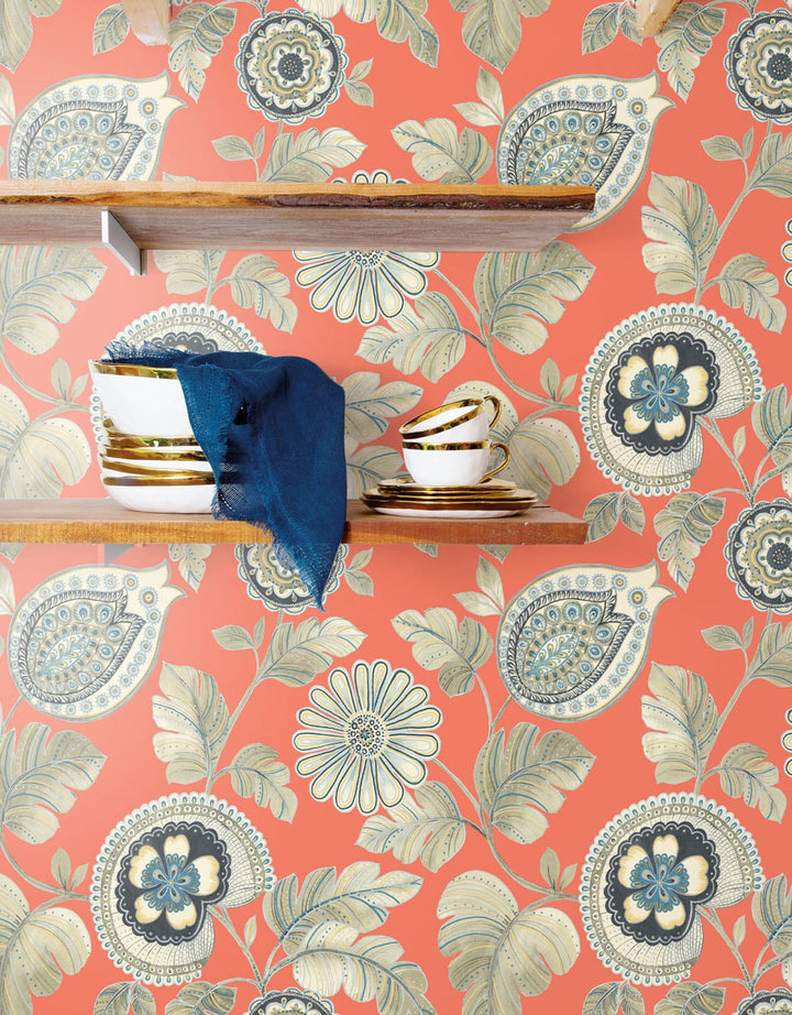 Calypso Paisley Leaf Coral and Aloe RY31206 by Seabrook Designs Designer Wallpaper