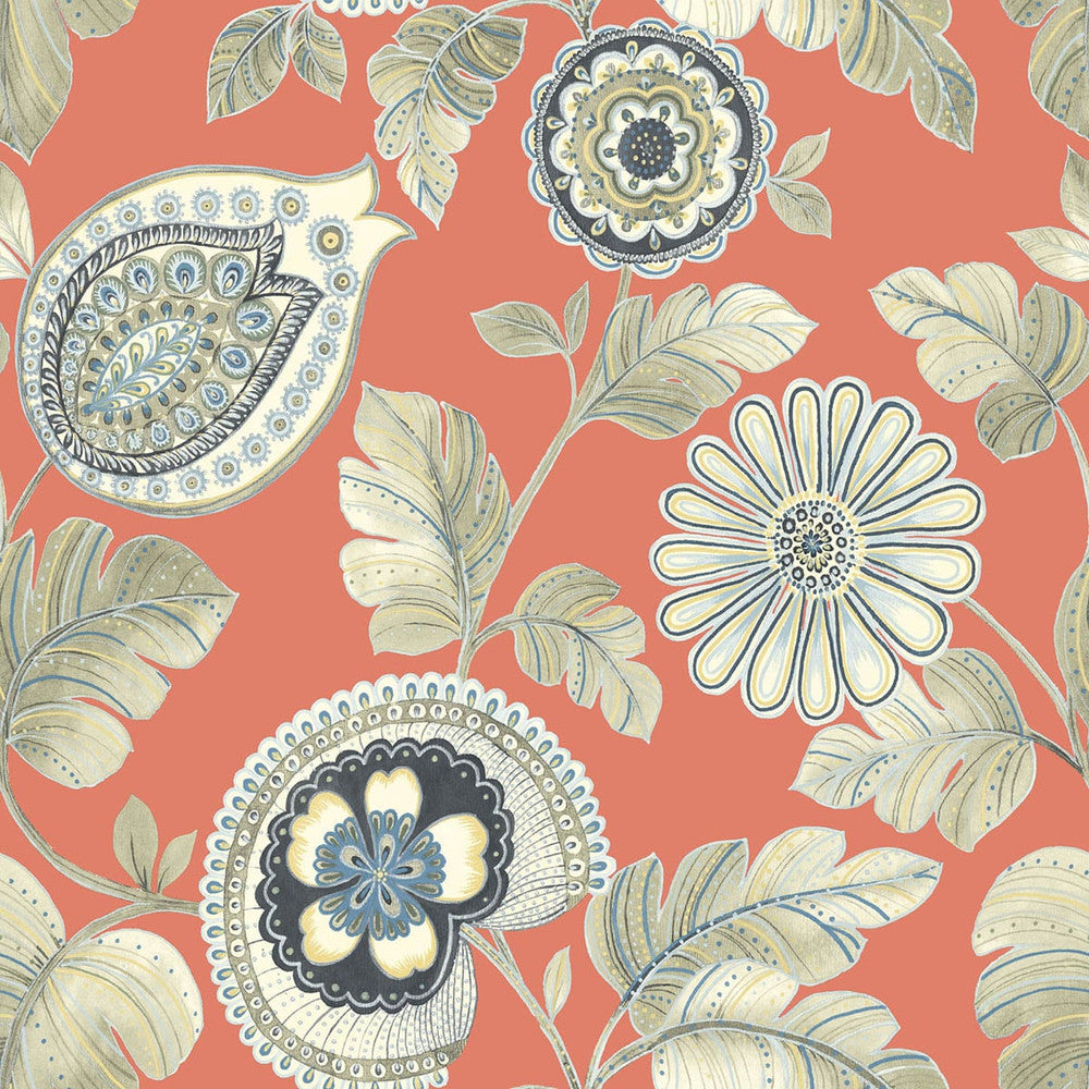 Calypso Paisley Leaf Coral and Aloe RY31206 by Seabrook Designs Designer Wallpaper