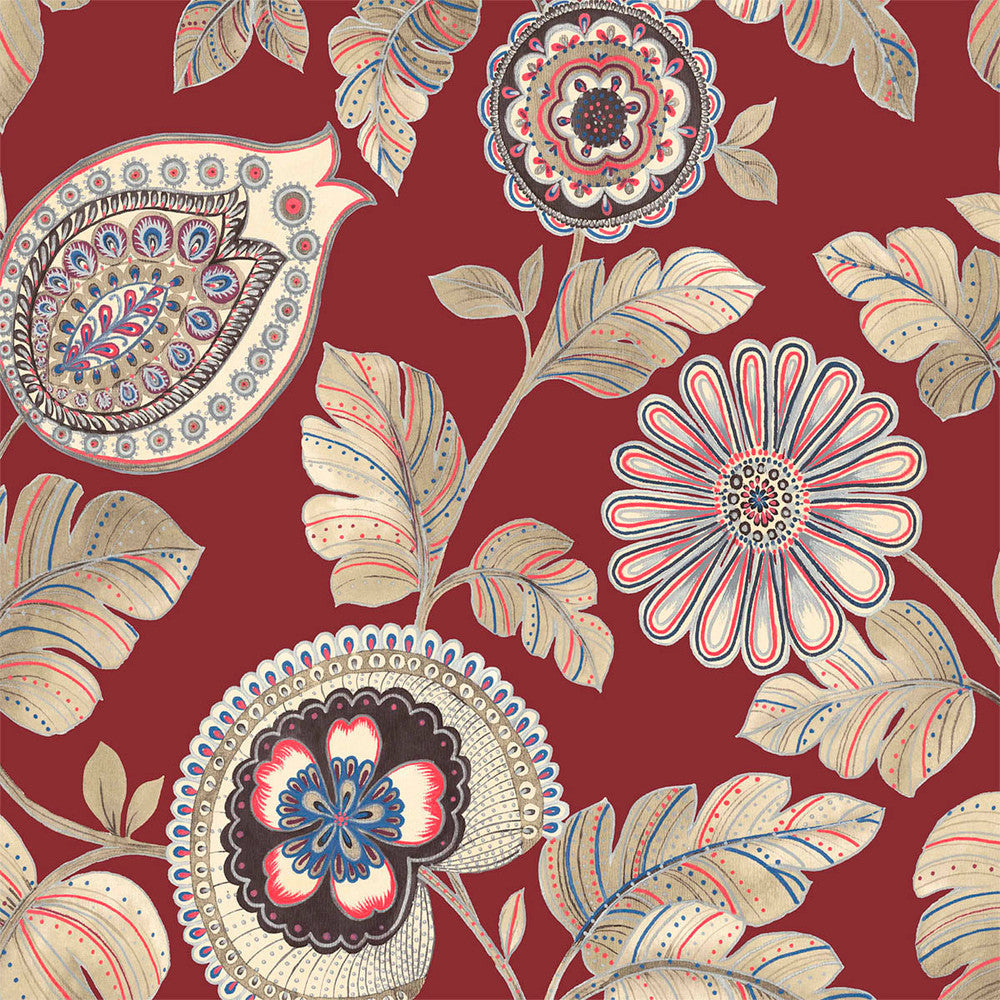 Calypso Paisley Leaf Fabric Cabernet and Coral RY31901F by Seabrook Designs Designer Fabric