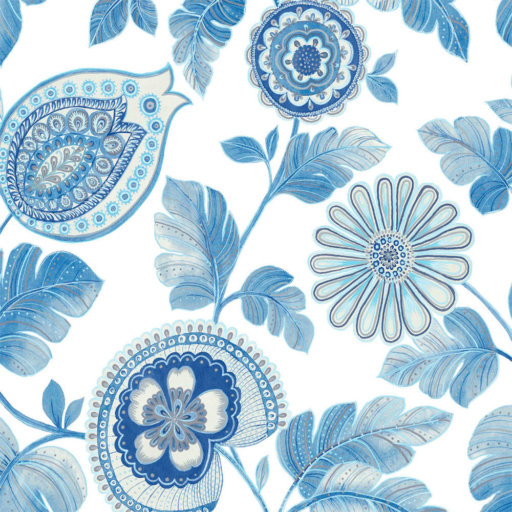 Calypso Paisley Leaf Fabric Blue Oasis and Ivory RY31902F by Seabrook Designs Designer Fabric