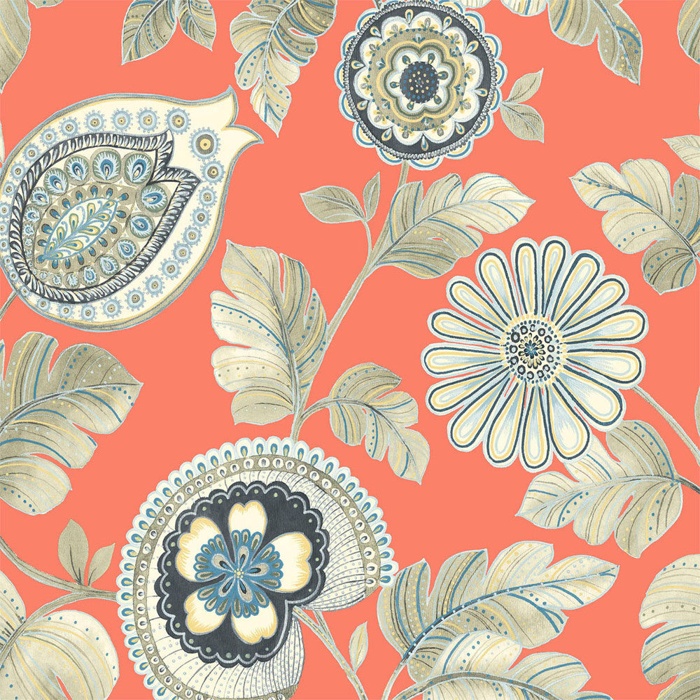 Calypso Paisley Leaf Fabric Coral and Aloe RY31906F by Seabrook Designs Designer Fabric