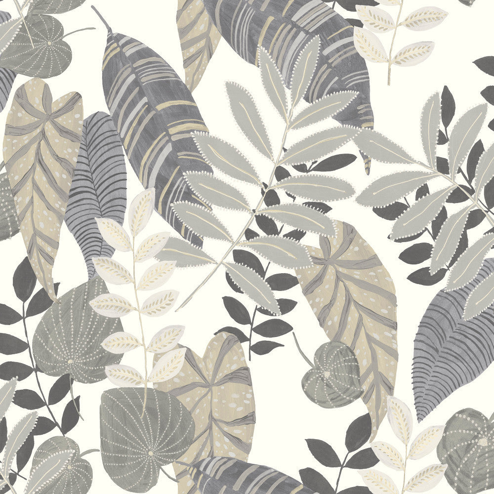 Tropicana Leaves Fabric Charcoal, Stone, and Daydream Gray RY32008F by Seabrook Designs Designer Fabric