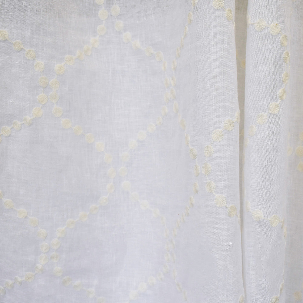 S2611 Winter White by Greenhouse Designer Fabric 100% Linen With 100% Viscose Embroidery India Drapery double rubs </p><p>Repeat: 6.85" H, 8" V 52" - Swanky Fabrics -