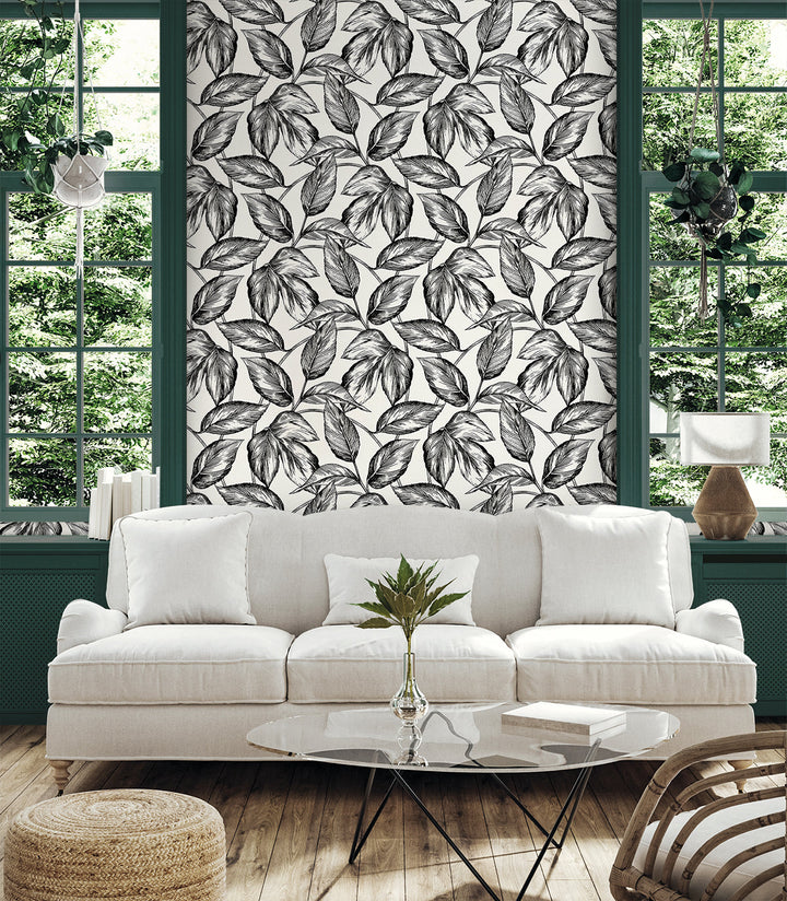 Beckett Sketched Leaves Volcanic Black SC20000 by Seabrook Designs Designer Wallpaper