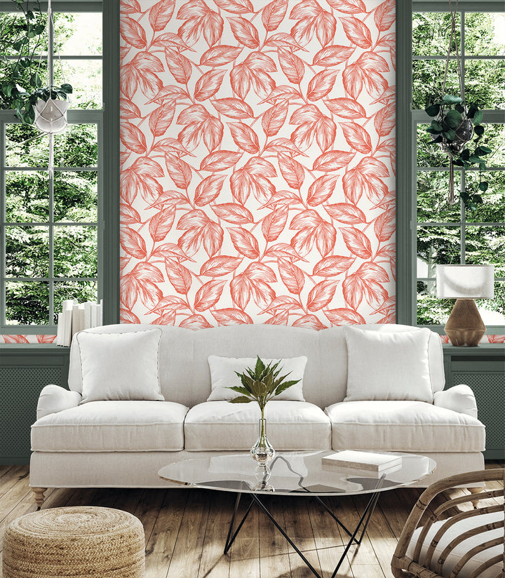Beckett Sketched Leaves Rich Coral SC20001 by Seabrook Designs Designer Wallpaper