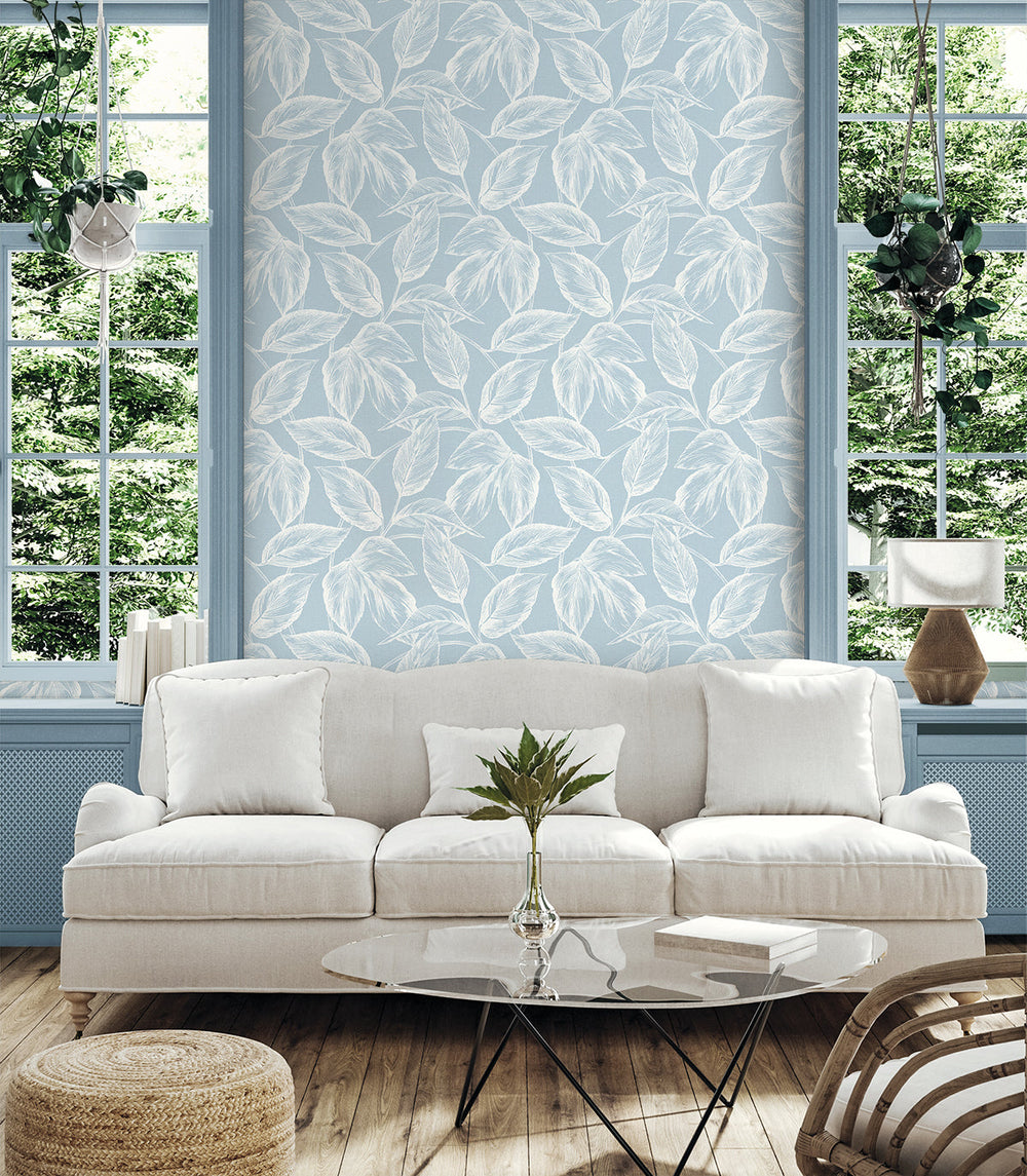 Beckett Sketched Leaves Baby Blue SC20022 by Seabrook Designs Designer Wallpaper