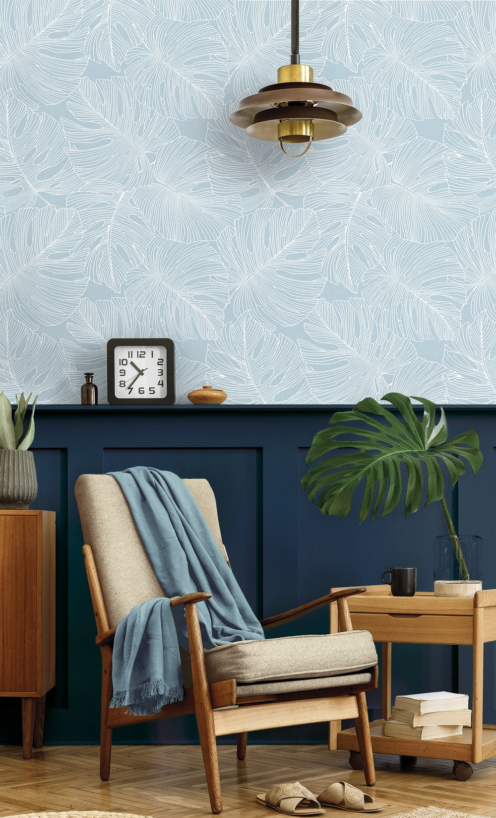 Tarra Monstera Leaf Early Sky SC20202 by Seabrook Designs Designer Wallpaper