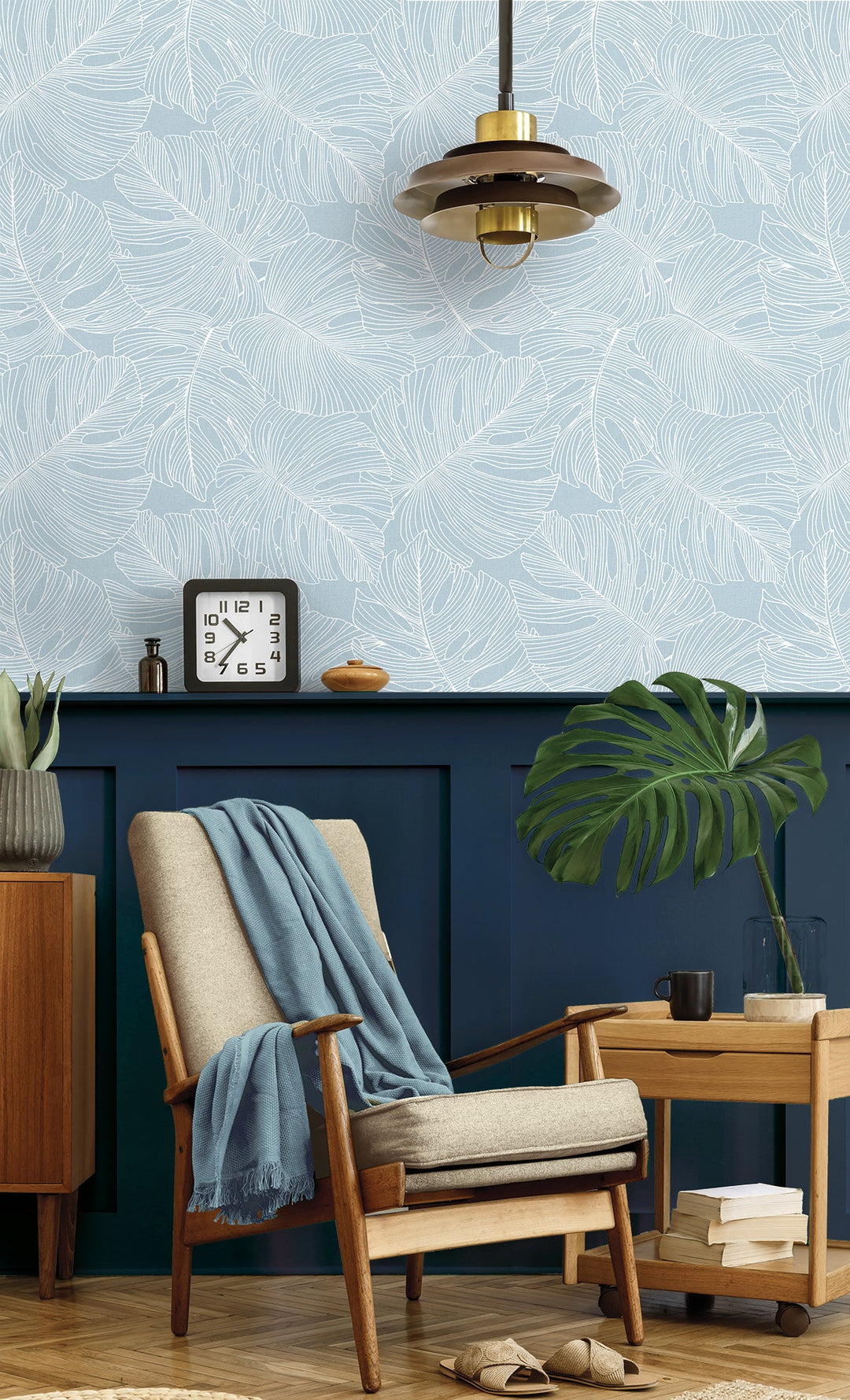 Tarra Monstera Leaf Early Sky SC20202 by Seabrook Designs Designer Wallpaper
