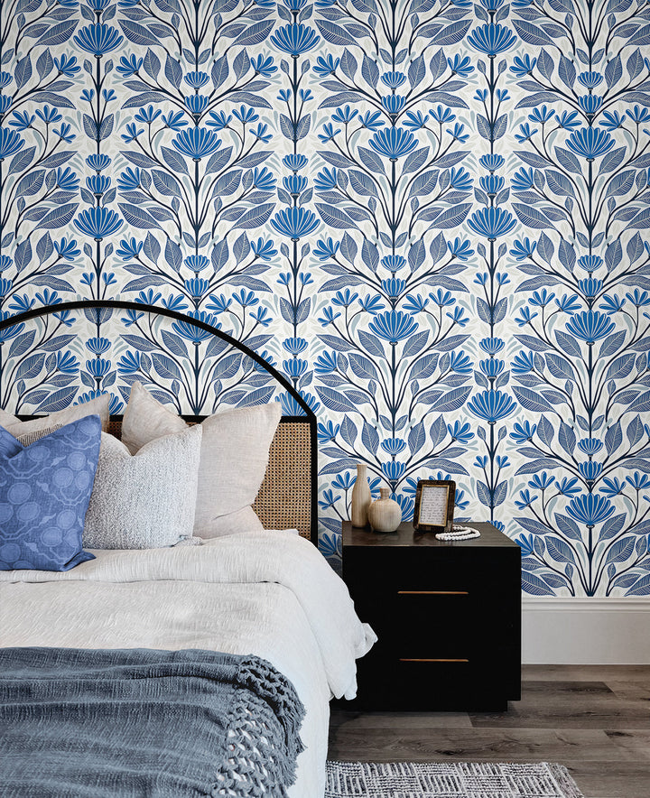 Carmela Folk Floral True Blue SC20602 by Seabrook Designs Designer Wallpaper