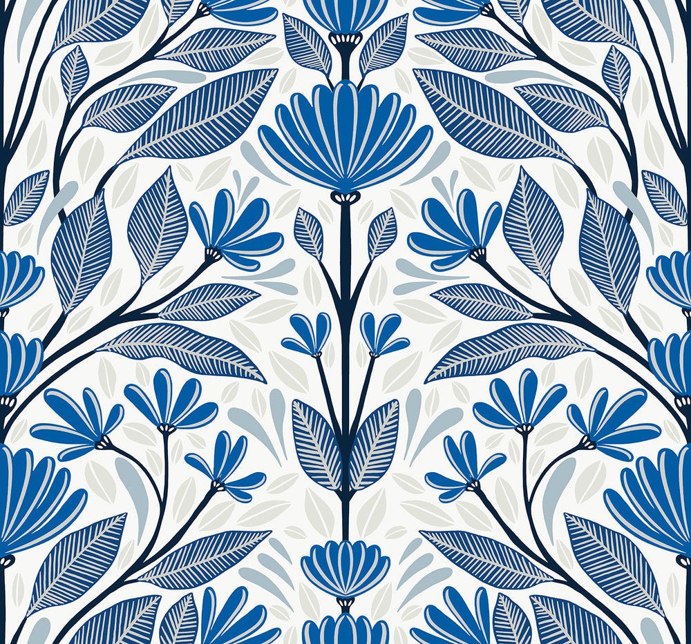 Carmela Folk Floral True Blue SC20602 by Seabrook Designs Designer Wallpaper