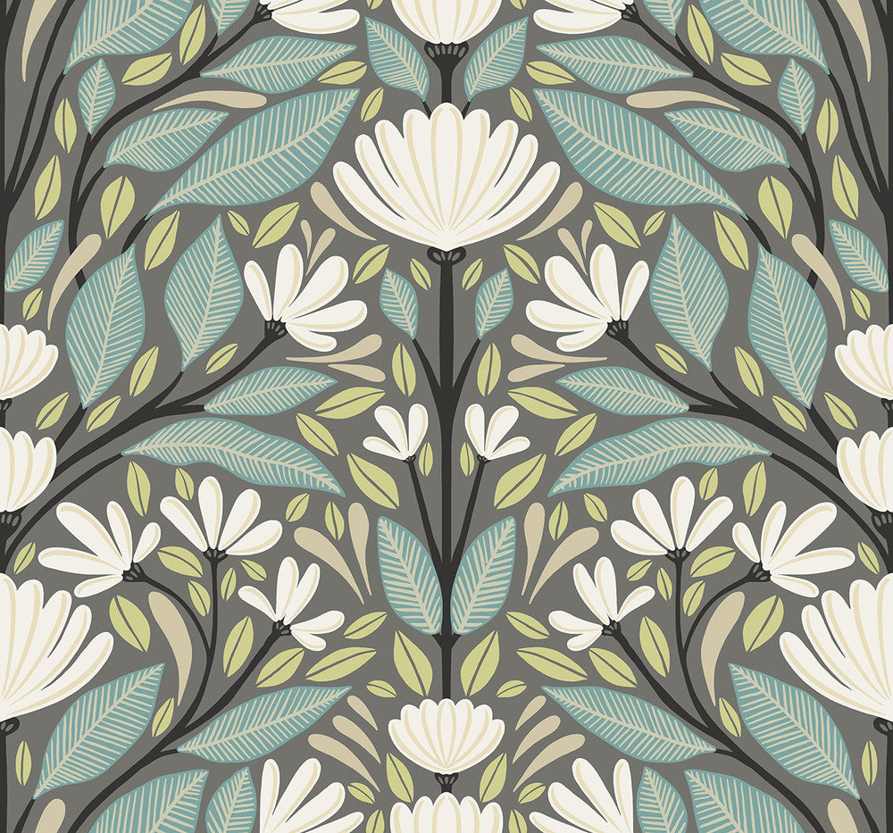 Carmela Folk Floral Spirit Grey SC20608 by Seabrook Designs Designer Wallpaper