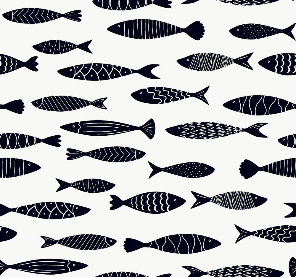 Bay Fish Black and White SC21500 by Seabrook Designs Designer Wallpaper