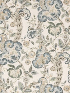 Scalamandre Fabric Cumbria Hand Block Print Aquamarine On Ivory SC166030001