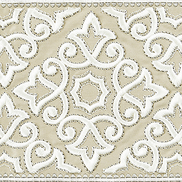 Ornamental Embroidered Tape/Linen Sc 0001T3320 by Scalamandre
 Designer Trim CHINOIS CHIC                                                           51% COTTON 22% VISCOSE 27% POLYESTER INDIA LIGHT DUTY Horizontal: 6.25" and Vertical:  7.5"  - Swanky Fabrics -