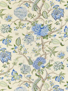 Scalamandre Fabric Pondicherry Cotton Print Blue, Green On Cream SC164300003