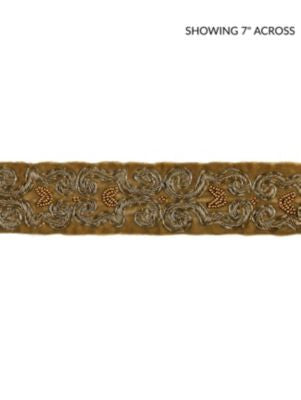 Zardozi Velvet Tape Burnished Gold SCT32900003 by Scalamandre Designer Trim MODERN LUXURY 80% METALLIC 20% VISCOSE INDIA LIGHT DUTY Horizontal: 4.125" and Vertical: 1.75 - Swanky Fabrics -