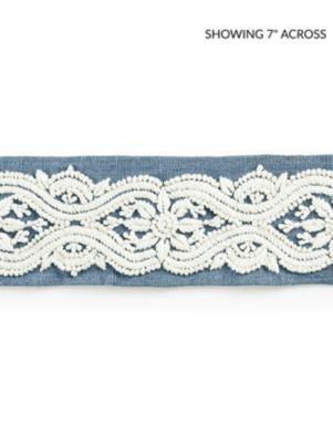 Linnea Embroidered Tape Copenhagen Blue SCT32980004 by Scalamandre Designer Trim NORDEN 65% SPUN POLYESTER 35% LINEN INDIA LIGHT DUTY Horizontal: 4.5" and Vertical: 2.75 - Swanky Fabrics -