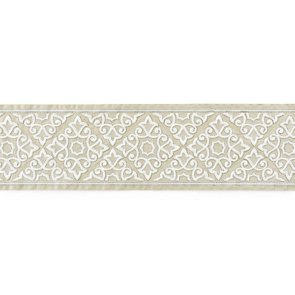 Ornamental Embroidered Tape/Linen T3320-001 by Scalamandre Trim Designer Trim SCALAMANDRE WAREHOUSE 51% COTTON 22% VISCOSE 27% POLYESTER INDIA LIGHT DUTY Horizontal: 6.25" and Vertical: 7.5" - Swanky Fabrics -