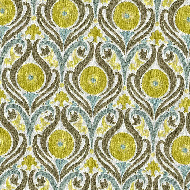 Captivate 202 Patina by ABBEYSHEA Designer Fabric 100% Polyester China </p><p>Repeat: Horizontal: 6.8" (17.2 cm) Up the Roll and Vertical: 13.5" (34.3 cm) Across the Roll 54" (137 cm) - Swanky Fabrics -
