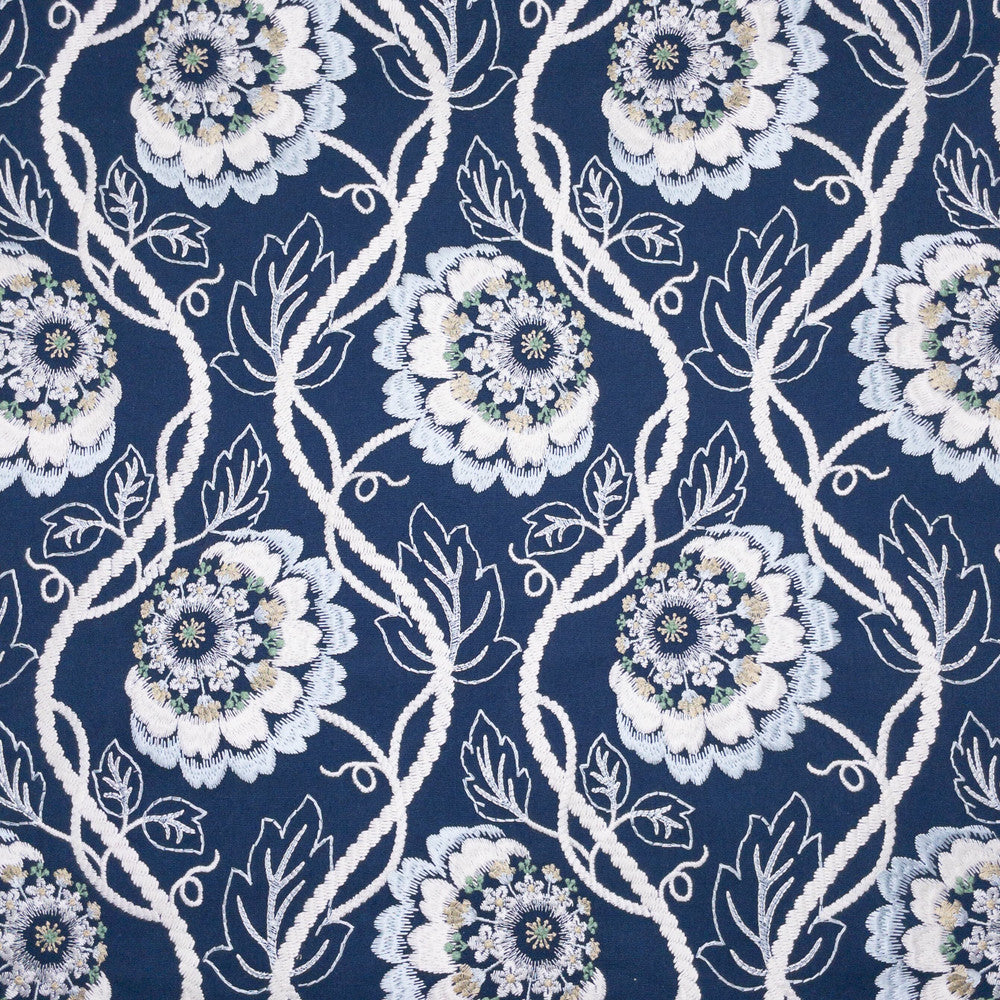 Seymour 1 Baltic by Stout Designer Fabric COMFORTABLE LIVING HAZE/NAVY 100%COT %VEMB INDIA Horizontal: 10.125 and Vertical: 12.500 51 in - Swanky Fabrics -