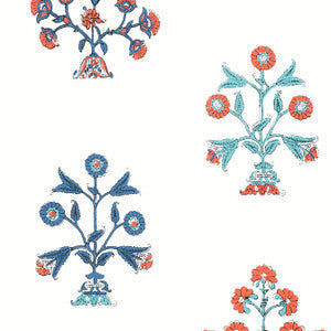 Thibaut Wallpaper Indian Flower Coral and Blue T10669