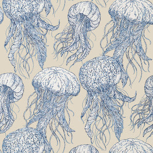 Thibaut Wallpaper Jelly Fish Bloom Blue and Beige T13168