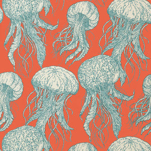 Thibaut Wallpaper Jelly Fish Bloom Coral and Turquoise T13172