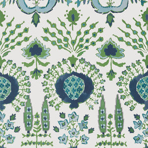 Thibaut Wallpaper Mendoza Suzani Blue and Green on White T16240