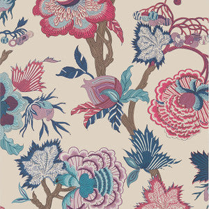 Thibaut Wallpaper Indienne Jacobean Raspberry and Blue on Natural T36419