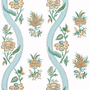 Thibaut Wallpaper Ribbon Floral Seaglass and Gold T36422