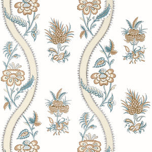 Thibaut Wallpaper Ribbon Floral Beige and Spa Blue T36425