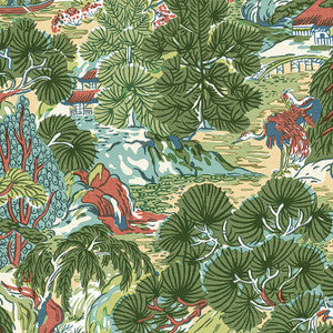 Thibaut Wallpaper Pagoda Trees Coral and Green T42022