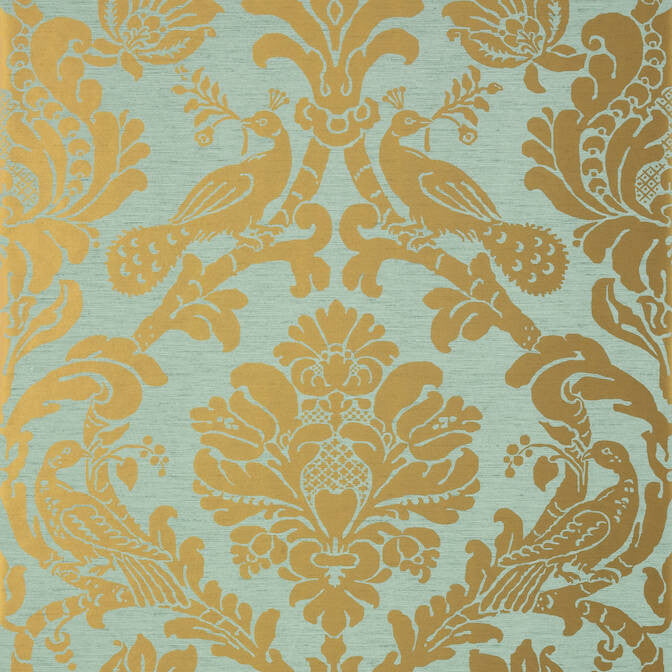 Passaro Damask Metallic Gold on Aqua T89141 by Thibaut Wallpaper Thibaut Wallpaper Passaro Damask Metallic Gold on Aqua T89141Wallpaper Damask Resource 4 Wallpaper U.S.A. </p><p>Repeat: V: 27 27 - Fabric Carolina -