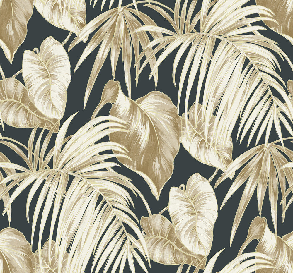 Dominica Black, Metallic Gold, Camel, and White TA21600 by Seabrook Designs Designer Wallpaper