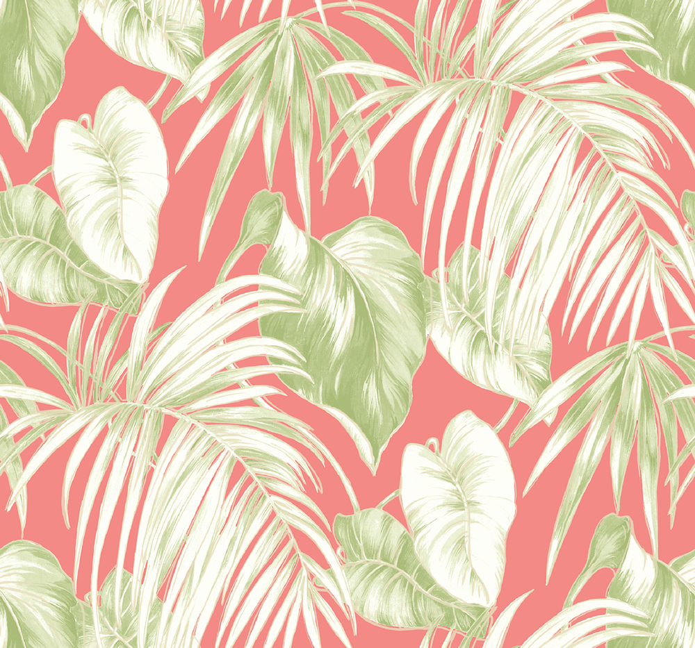 Dominica Salmon, Green, and White TA21601 by Seabrook Designs Designer Wallpaper