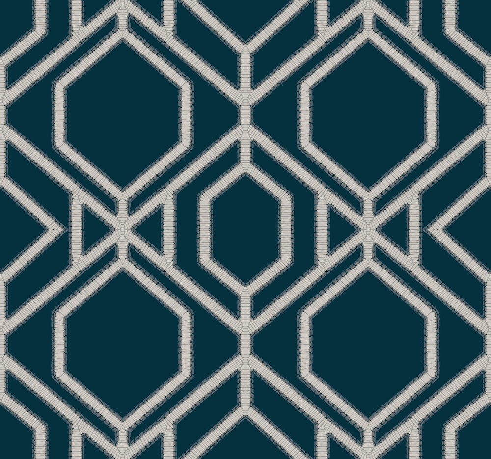 Sawgrass Trellis Navy Wallpaper by York Wallcoverings Designer Tropics Resource Library Covers about 60.8 square feet 27-in by 27-ft long roll Prepasted 25.25 - Swanky Fabrics -