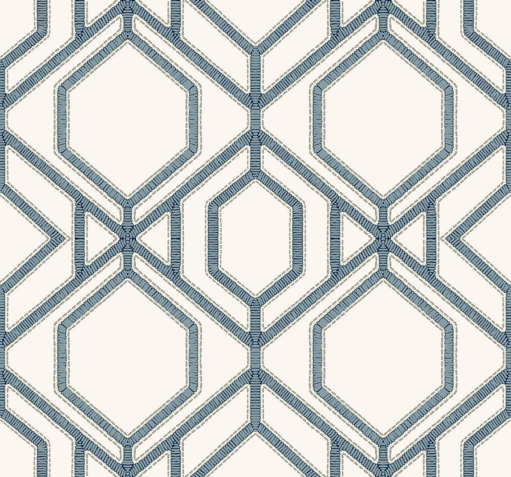 Sawgrass Trellis White & Blue Wallpaper by York Wallcoverings Designer Tropics Resource Library Covers about 60.8 square feet 27-in by 27-ft long roll Prepasted 25.25 - Swanky Fabrics -