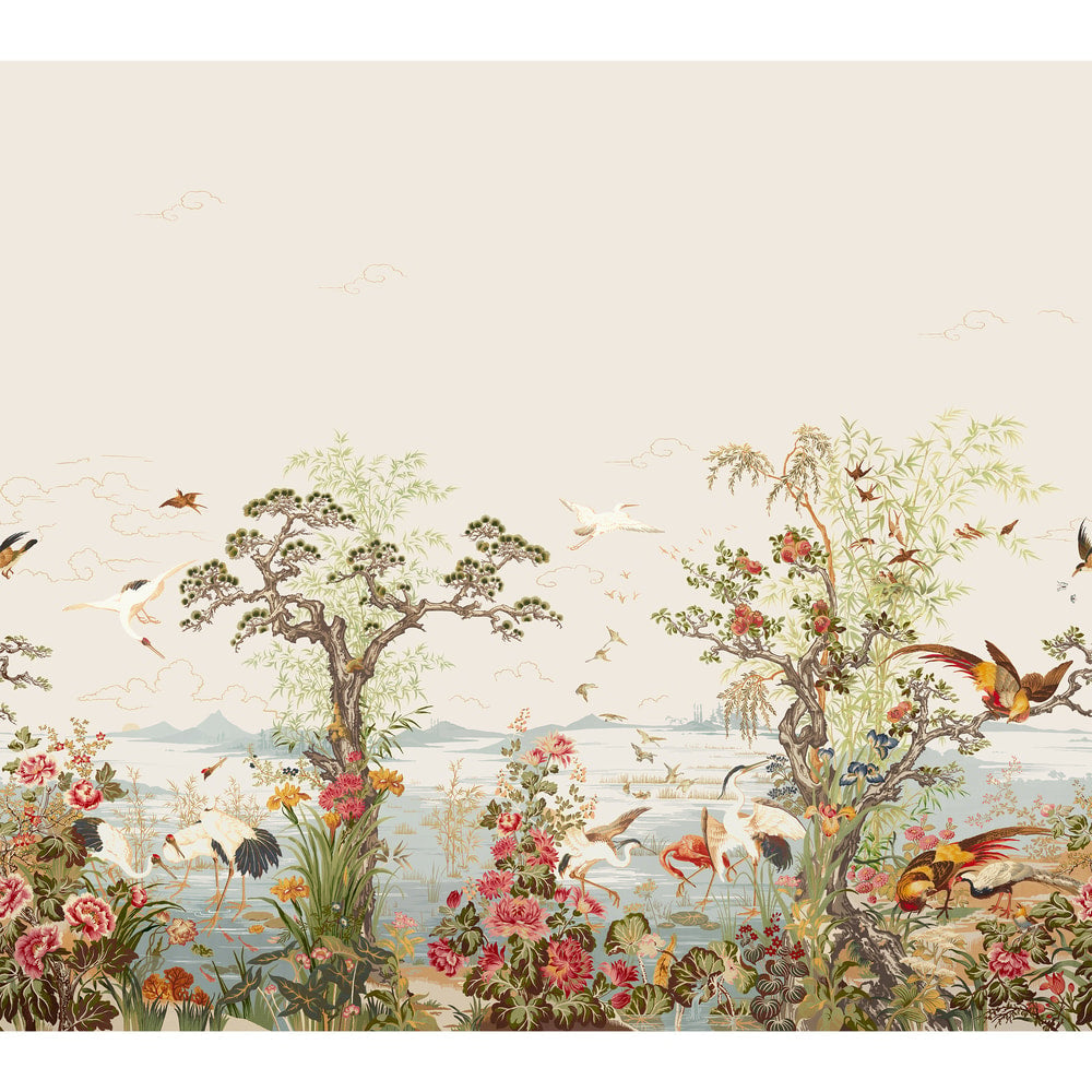 Thibaut Wallpaper TM4510 CRANE MURAL - Green and Rose