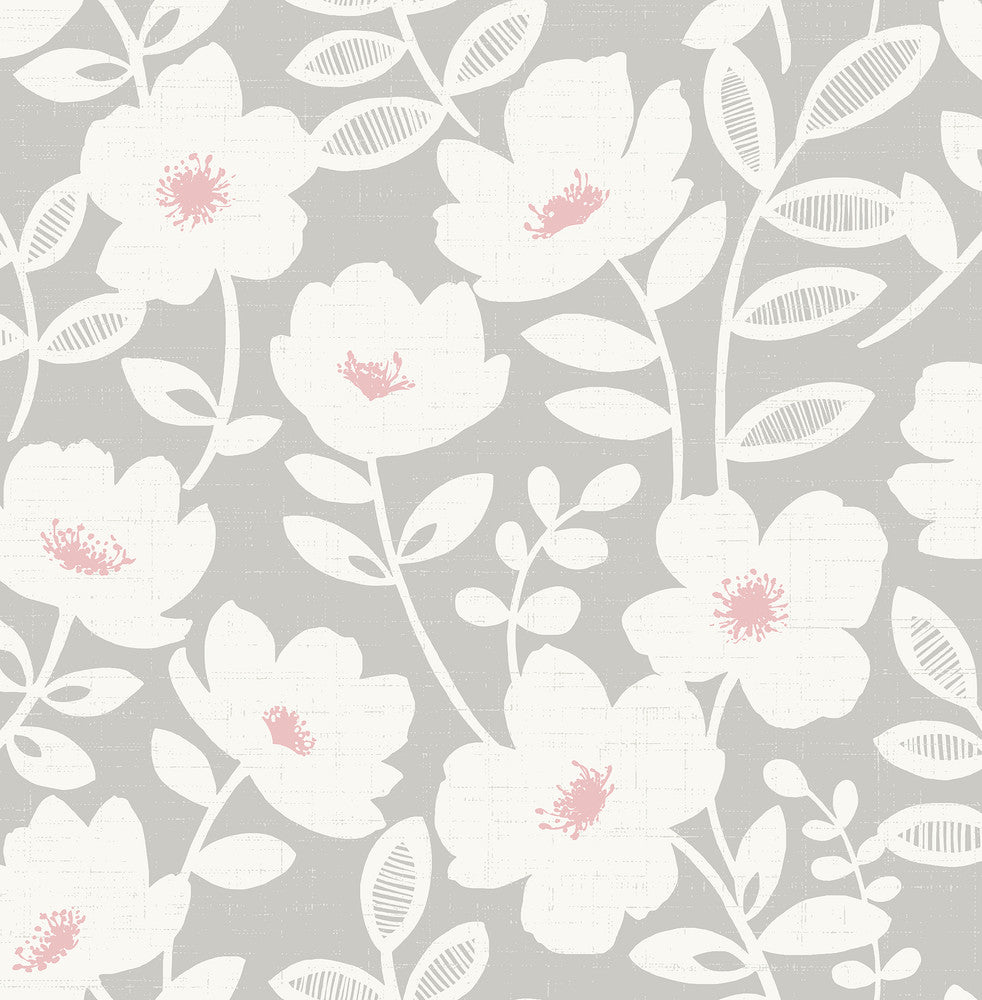 Bergman Pink Scandi Flower Wallpaper by Brewster Designer Brewster Essentials Covers about 56.4 square feet 20.5-in by 33-ft long roll Unpasted 20.9 - Swanky Fabrics -